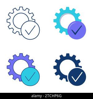 Gear with checkmark icon set in flat and line style. Process control, automation. Vector illustration Stock Vector