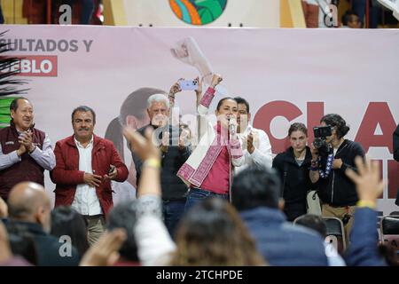 Claudia Sheinbaum presidential pre- candidate political rally in Tlaxcala December 10, 2023, Tlaxcala, Mexico: Claudia Sheinbaum, presidential pre- candidate for Morena Party during their political rally Course to the Mexican elections at the Huamantla Plaza de Toros Tlaxcala Tlaxcala Mexico Copyright: xEssenexHernandezxxEyepixxGroupx Stock Photo