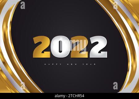Happy New Year 2022 Banner or Poster Design with Silver and Gold Numbers on Black Background. 2022 Logo or Symbol. Holiday Vector Illustrations Stock Vector