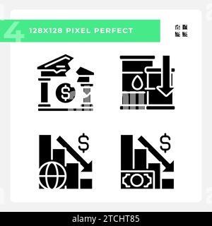 2D pixel perfect glyph style economic crisis icons set Stock Vector