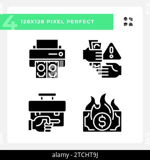 2D pixel perfect glyph style economic crisis icons Stock Vector