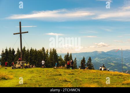 Schockl, Styria, Austria, 17.08.2019 : View from a peak of rocky Austrian mountain Schockl in Styria. Place for tourism and hiking recreation Stock Photo