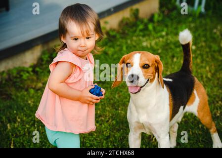 Cute baby girl together with beagle dog in garden in summer day. Domestic animal with children concept Stock Photo