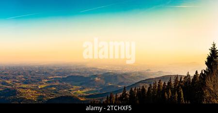 View from a peak of rocky Austrian mountain Schockl in Styria Graz. Place for tourism and hiking recreation Stock Photo