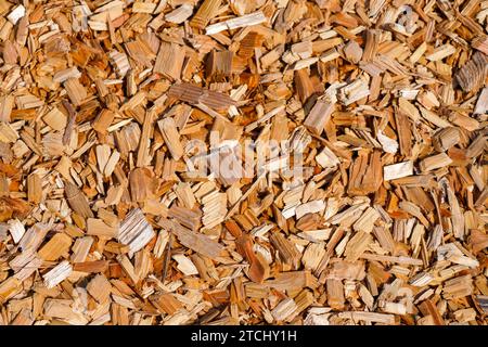 Wood chips close-up. Background. Surface for playgrounds and gardens. Stock Photo