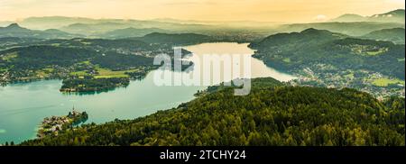 Panorama of Lake Worthersee and Klagenfurt city in distance. Travel destination in Austria Stock Photo