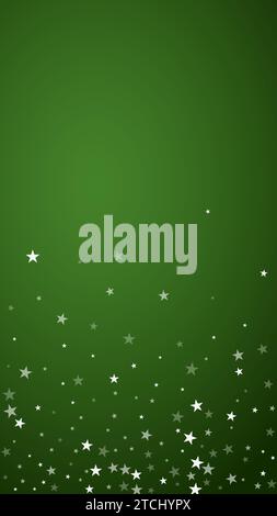 Magic falling snow christmas background. Subtle flying snow flakes and stars on christmas green background. Magic falling snow holiday scenery. Vertic Stock Vector