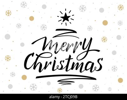 Merry Christmas hand Lettering greeting card with Christmas tree pen stroke and star. Modern brush ink calligraphy. Black text isolated on white Stock Vector