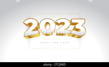 Happy New Year 2023 with White and Gold 3D Numbers Isolated on White Background. New Year Design for Banner, Poster and Greeting Card Stock Vector