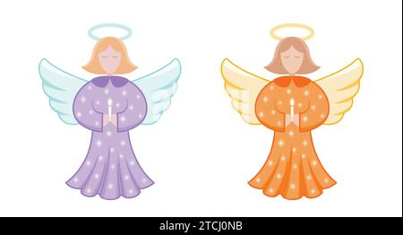 Vector Christmas angels in purple and orange colors, with glow stars and a candle Stock Vector