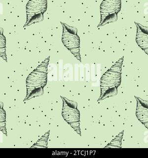 Seabed with shells and stones, seamless ocean pattern on azure light green background, hand drawn contour drawing of seashell. Vector illustration Stock Vector