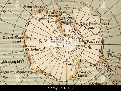 Vintage geographical map in sepia showing Antarctica. Stock Photo