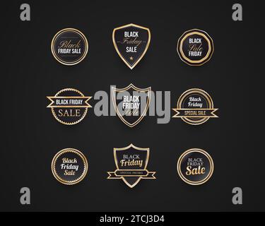 Black Friday badges and labels collection with black and gold concept Stock Vector