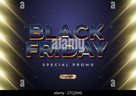 Black Friday sale banner with luxury 3d text and glowing golden light Stock Vector