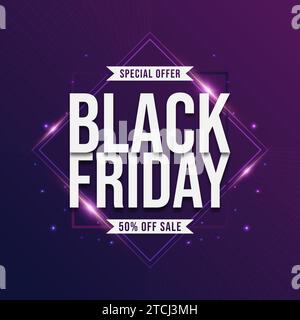 Black Friday sale poster with shining light on purple background Stock Vector