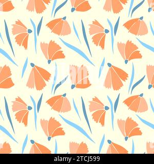 Flowers Peach fuzz color trend year 2024 pattern with blue leaves on pastel yellow background. Vector illustration Stock Vector