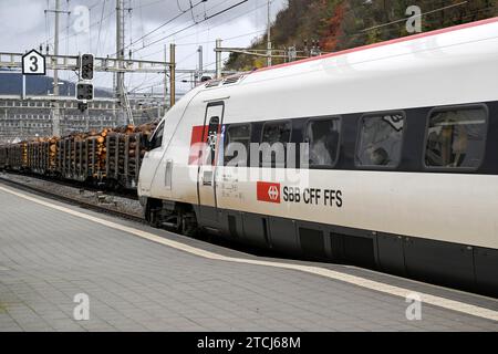 SBB passenger train Freight train with logs Stock Photo