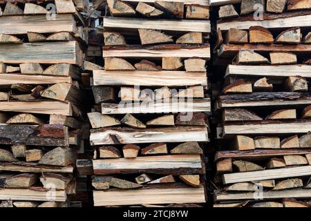 Woodpile lies in a heap, chopped for burning in furnace. Finely chopped and stacked firewood, background. Laid dry firewood, texture, background. Fire Stock Photo