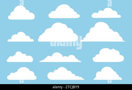Set of clouds icons in the sky. Collection of various cloud shapes silhouette on blue background. Vector illustration Stock Vector