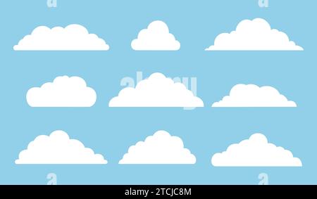 Set of clouds icons in the sky. Collection of various cloud shapes silhouette on blue background. Vector illustration Stock Vector