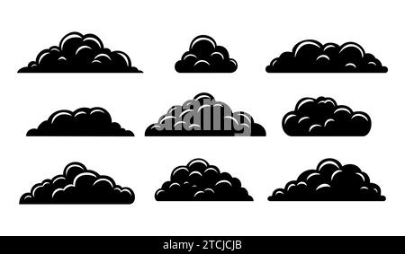 A set of clouds in the sky in black silhouette. Collection of various cloud shapes icon. Vector illustration Stock Vector