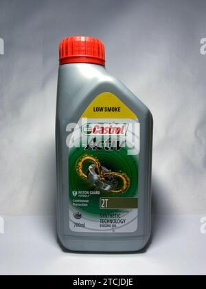 Surakarta, Indonesia - November 20, 2023 : Castrol active motor oil for 2 stroke motorcycles, continuous protection synthetic technology engine oil 70 Stock Photo