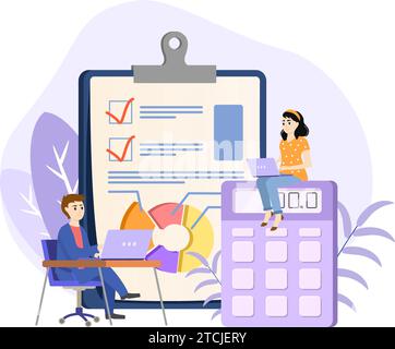 Accounting staff illustration. Accounting department composition with financial documents folders reports statements tax calculator cash banknotes Stock Vector
