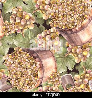 Watercolor seamless pattern. Bunch of green grapes, leaves with wooden bucket with the grape harvest. Grapevine hand painted. Wrapping paper, labels. Stock Photo