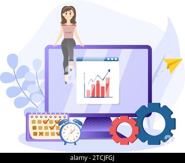 Efficiency illustration. Productive woman, multitasking or time management professional, productivity or entrepreneurship. Stock Vector