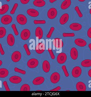 Vector flat blood cell seamless pattern illustration. Streaming erythrocytes on deep blue background. Stock Vector