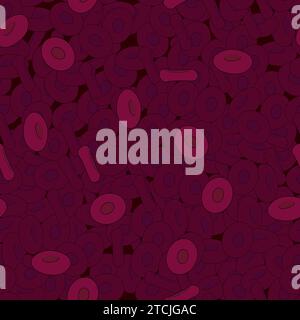 Vector flat blood cell seamless pattern illustration. Streaming realistic erythrocytes on dark red background. Stock Vector