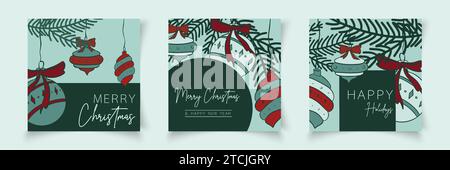Set of christmas cards templates with branch elements in line art style. Botanical banner xmas frame. Editable vector for sale, card, social media. Stock Vector