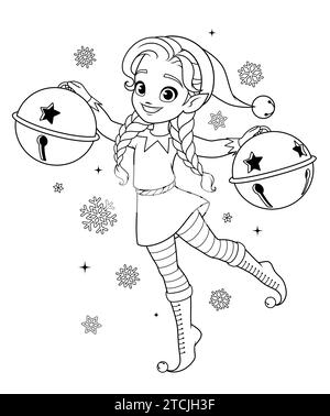 Cute little Elf girl with Christmas jingle bells. Santas little helper coloring book page vector illustration. Stock Vector
