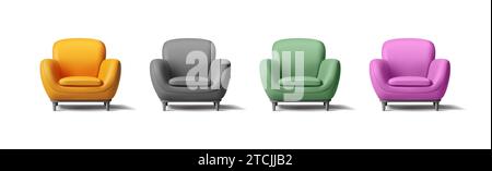 Armchair 3d render set isolated on white. Cartoon soft piece of furniture in four different colours Stock Vector