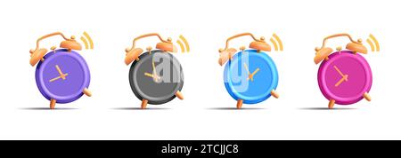 Set of 3d render icons of alarm clock, stylized modern graphic of vintage clock in different colors, isolated Stock Vector