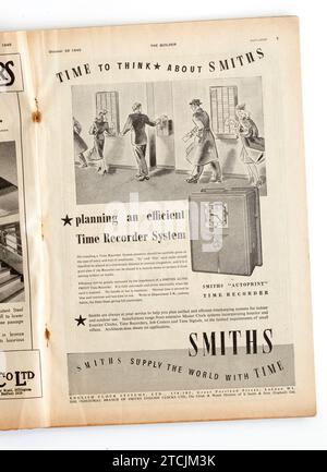 Advertising from a copy of 1940s The Builder Magazine - Factory Worker Time Recorder Machine Stock Photo