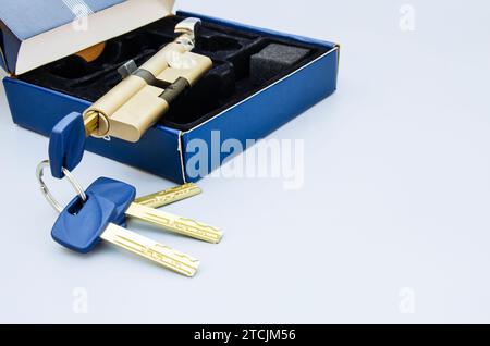 New door lock in packaging. Patent and keys to the front door. Contact toggle switch for the internal mechanism of the cylinder lock and a set of keys Stock Photo
