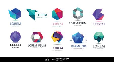 Vector set of abstract logo design, geometric technology icons, business 3d shapes collection. Origami, crystal forms and emblems. Stock Vector