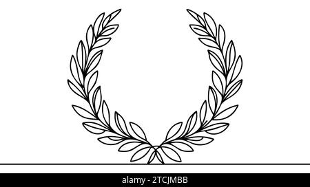 Laurel wreath one line art. Continuous line drawing of festive, solemn wreath with ribbons. Stock Vector