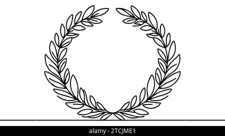 Laurel wreath one line art. Continuous line drawing of festive, solemn wreath with ribbons. Stock Vector