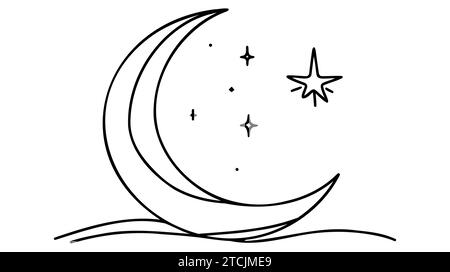 Continuous linear drawing of moon icon. One line drawing background ...