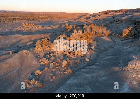 Fantastically eroded sandstone formations in the Fantasy Canyon Recreation Site at sunset near Vernal, Utah. Stock Photo