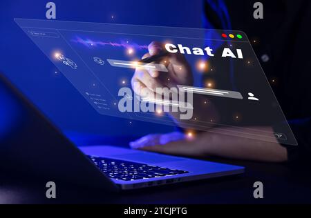 Virtual screen on laptop, hands chatting with chatgpt with hologram floating in the air Stock Photo