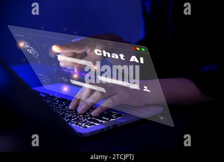 Virtual screen on laptop, hands chatting with chatgpt with hologram floating in the air Stock Photo