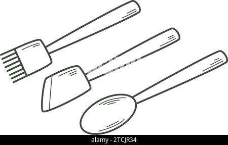 Kitchen spatula doodle sketch style. Cooking set spoon, brush, spatula art. Simple hand drawn ink icon isolated vector illustration Stock Vector