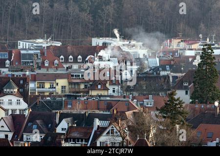 Roof landscape in Freiburg with smoking chimneys Stock Photo