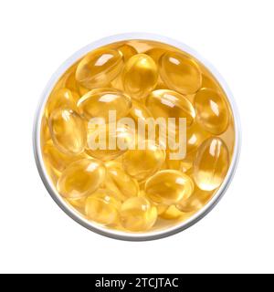 Soft gel capsules in a white plastic pill bottle. Oral dosage medicine or dietary supplement in the form of a transparent capsule. Stock Photo