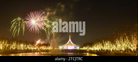 celebration fireworks and lighting at Suan Luang Rama 9 public park in Thailand on night Stock Photo