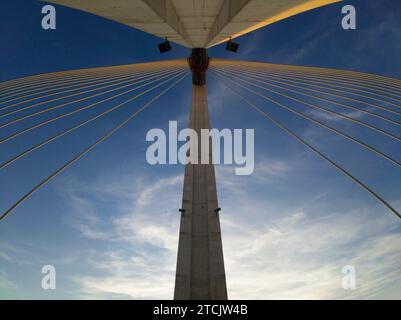 Puente Real at sunset, Badajoz, Spain. Low angle of the pillars and steel tensioners Stock Photo