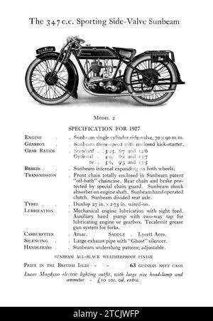 Page of a 1927 Sunbeam Motorbike advertising brochure showing new motorcycles for sale Stock Photo